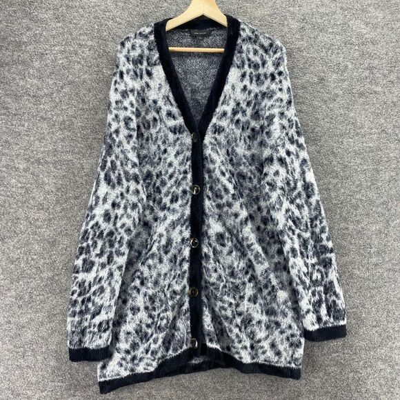 Ann Taylor Cardigan Women L Large White Animal Print Knit Button Up V-Neck - Picture 1 of 9